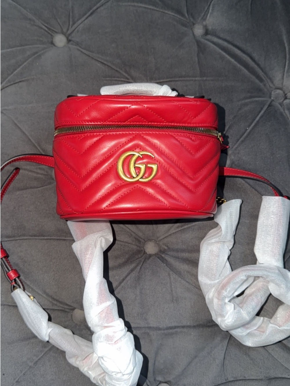 Gucci Red Quilted Leather Vanity Mini Bookbag with Gold Double-G